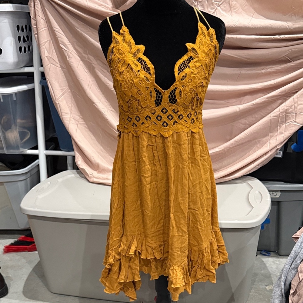 Free People Mustard Lace Detail Mini Dress